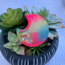 Load image into Gallery viewer, Pink, Yellow & Blue Tie-Dye Moon Resin Shaker Charm