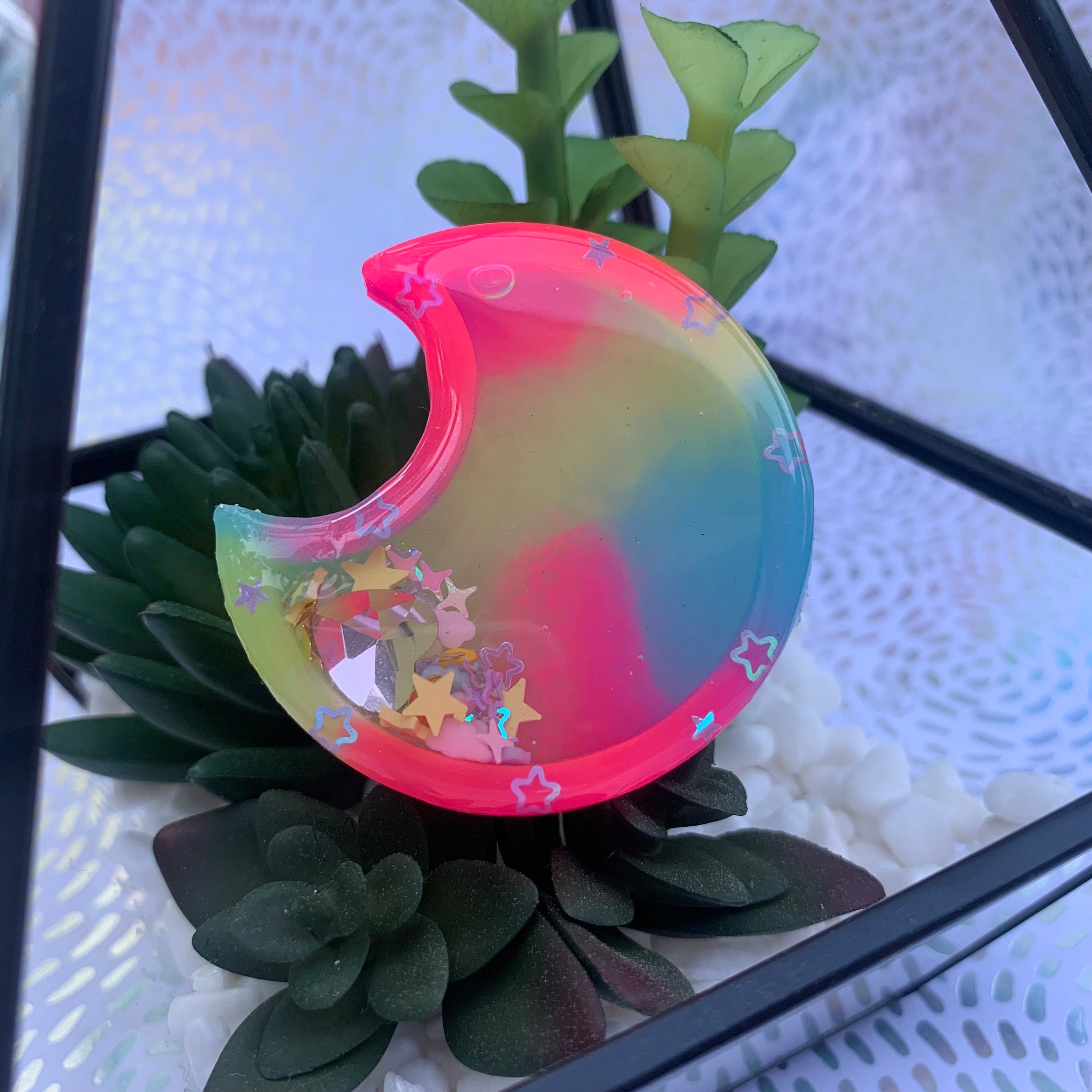 Pink, Yellow & Blue Tie-Dye Moon Resin Shaker Charm