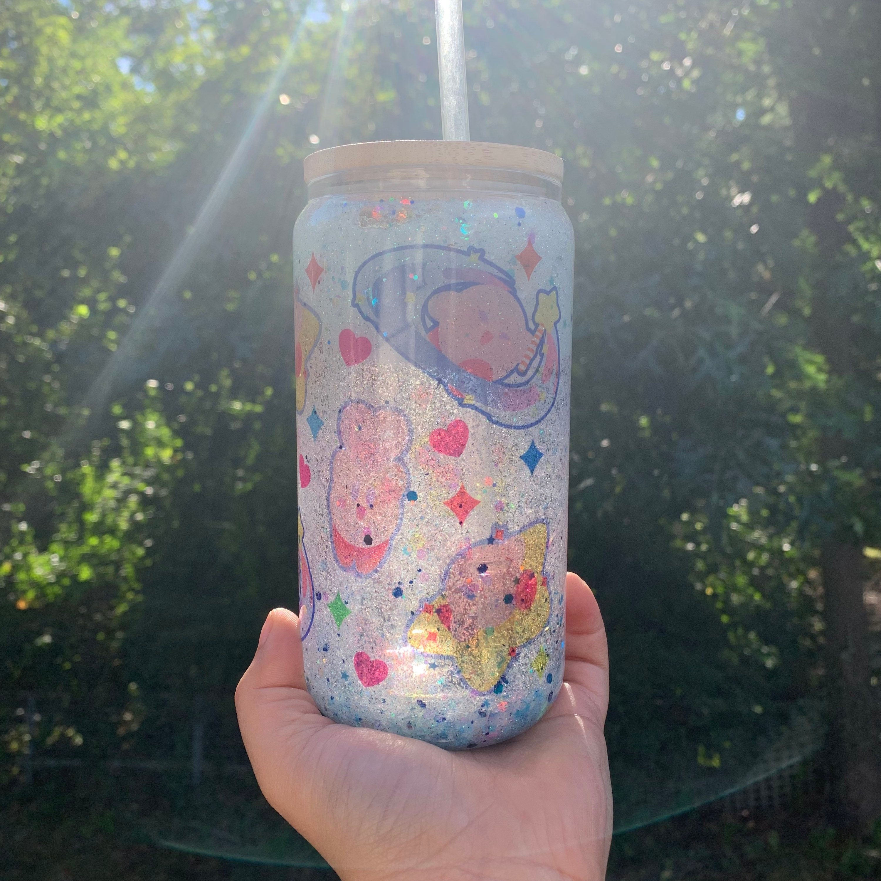 Pink Poyo Kirb Star & Wands Beer Can Glass