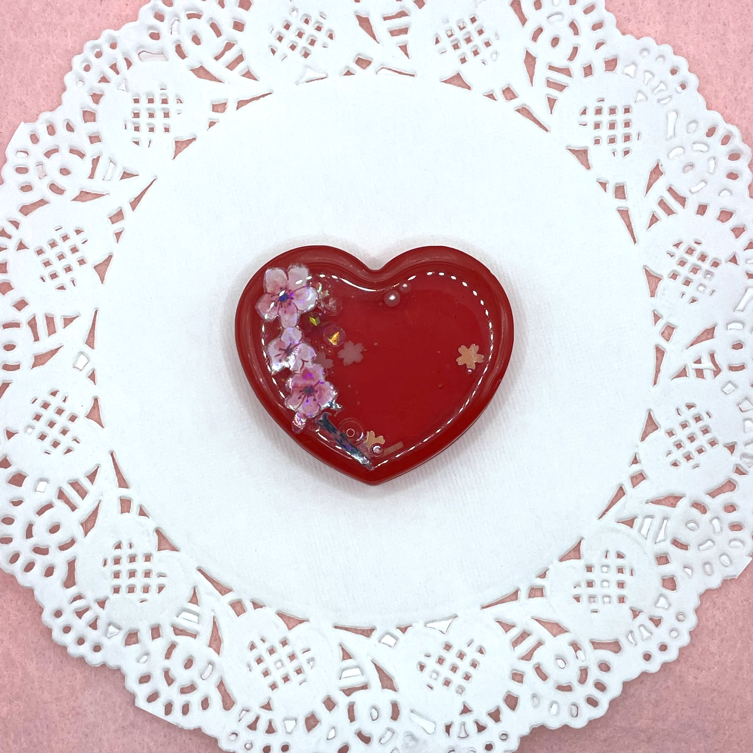 Red Sakura Flower Heart Resin Shaker Charm