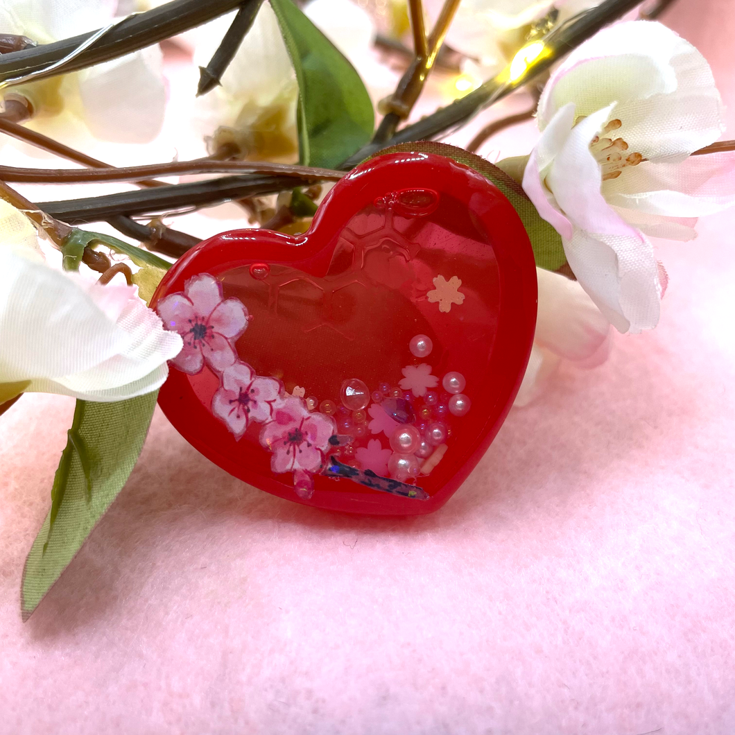 Red Sakura Flower Heart Resin Shaker Charm