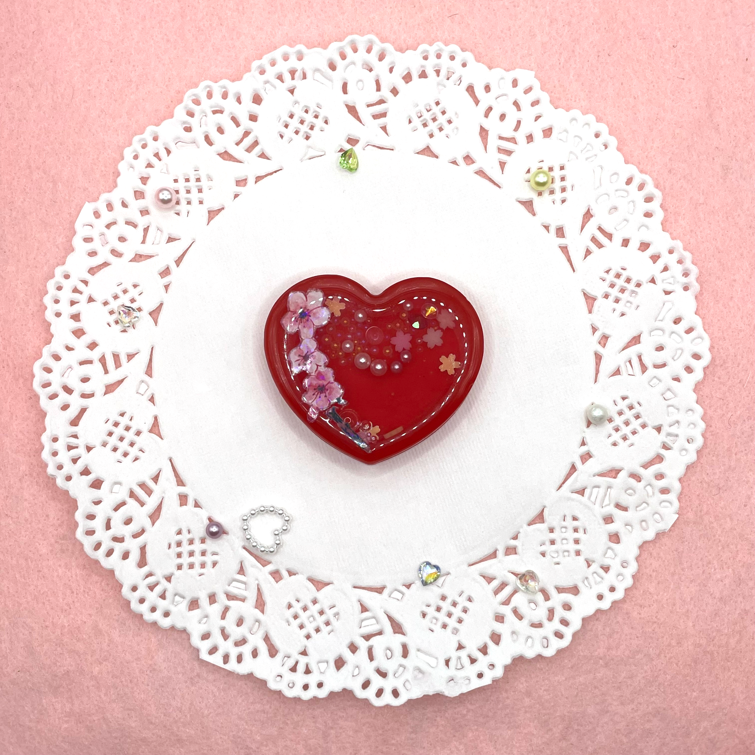 Red Sakura Flower Heart Resin Shaker Charm