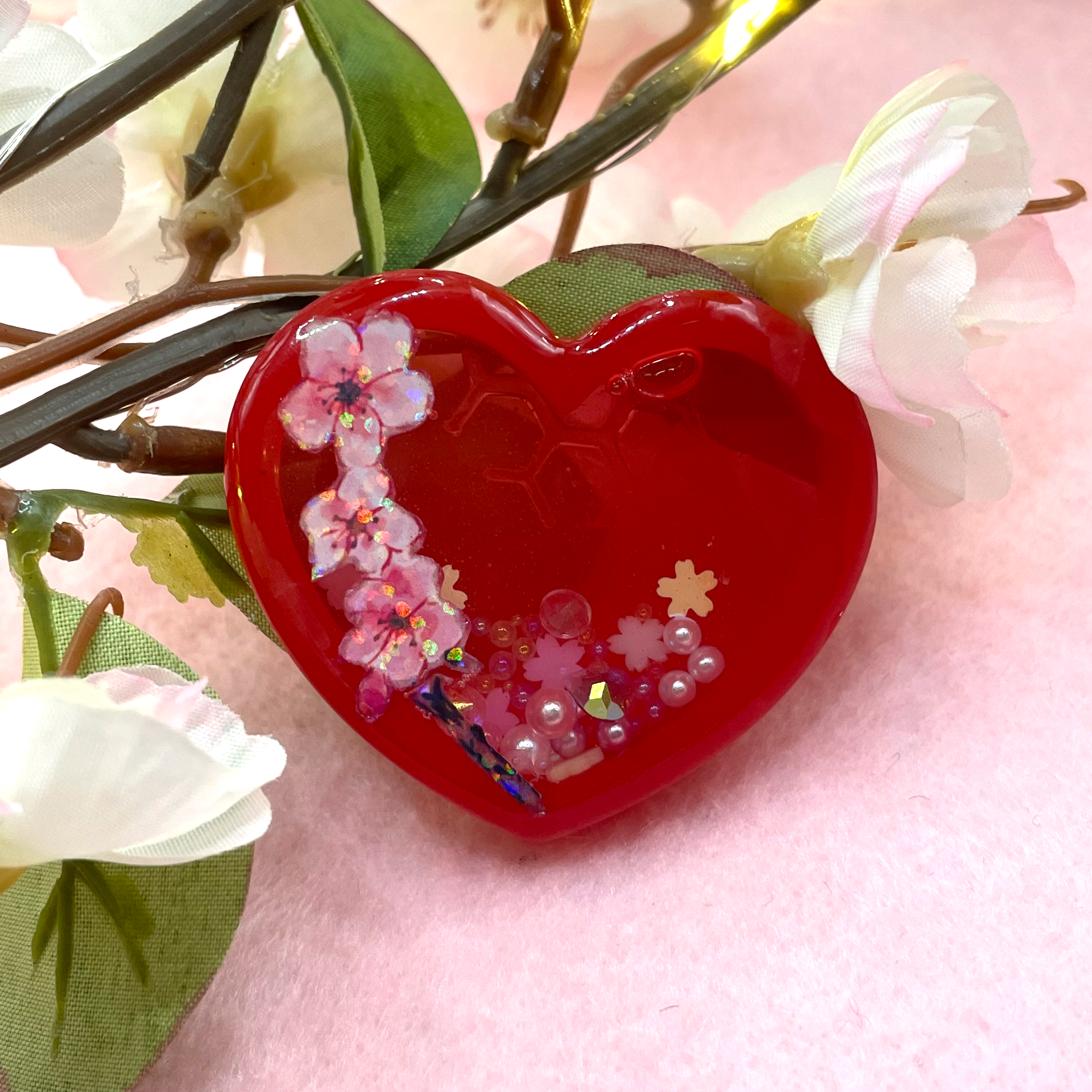 Red Sakura Flower Heart Resin Shaker Charm