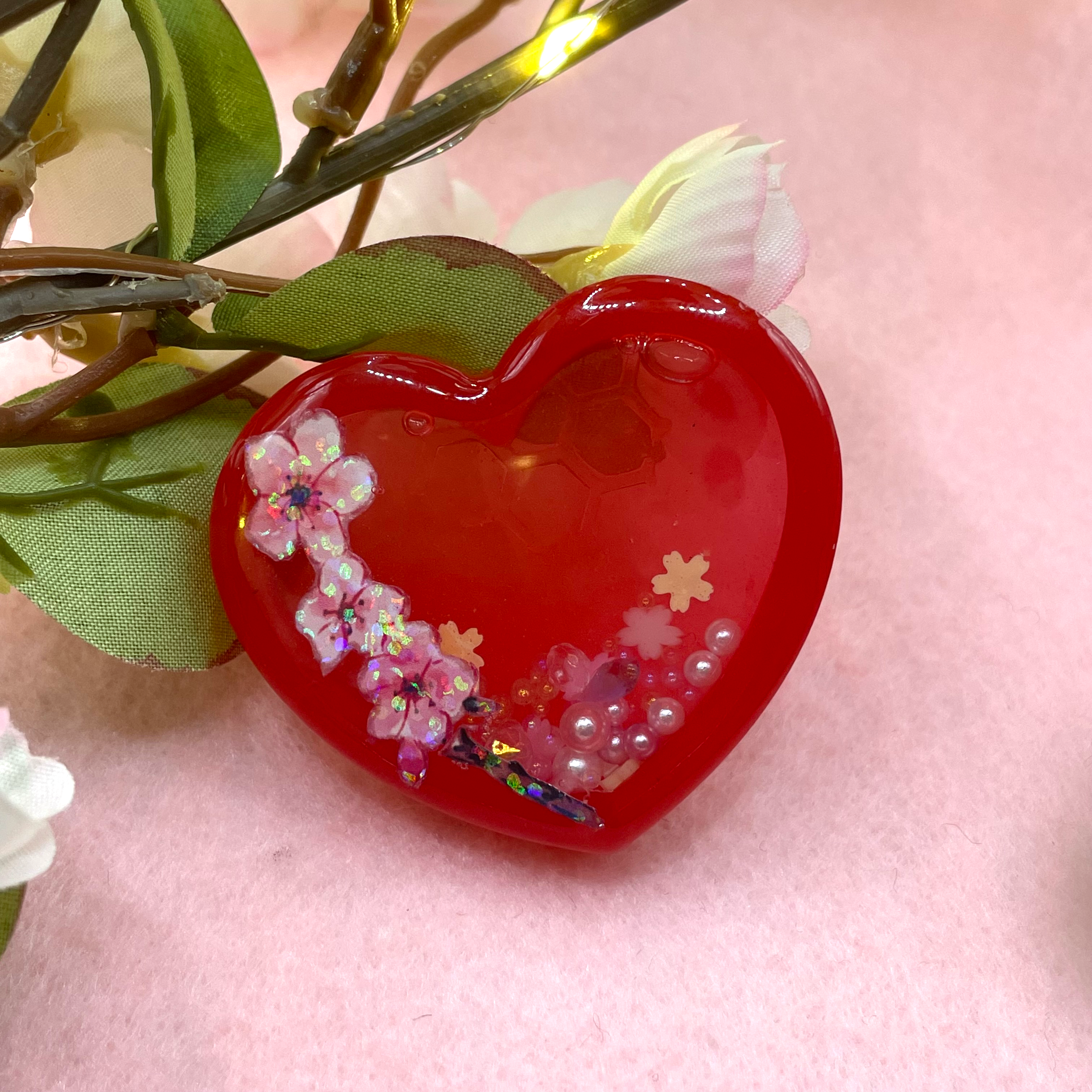 Red Sakura Flower Heart Resin Shaker Charm